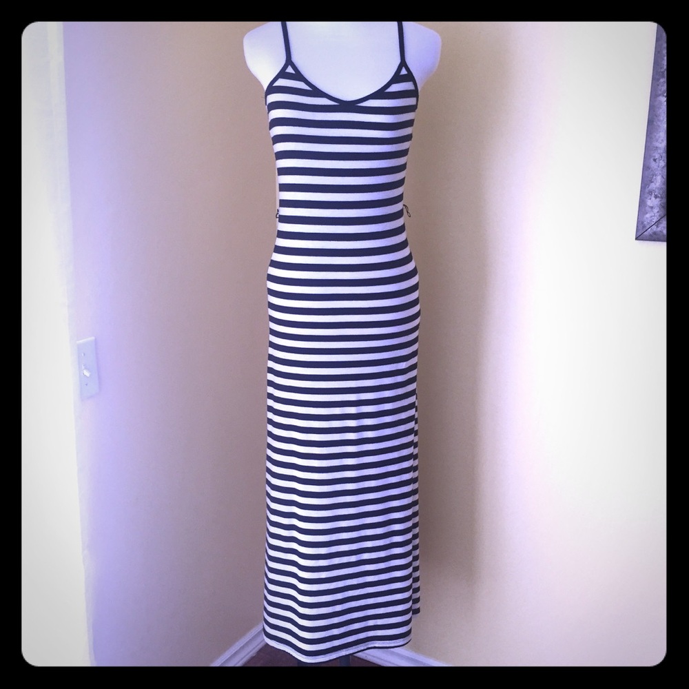 Poof! Black and White Striped Maxi Dress